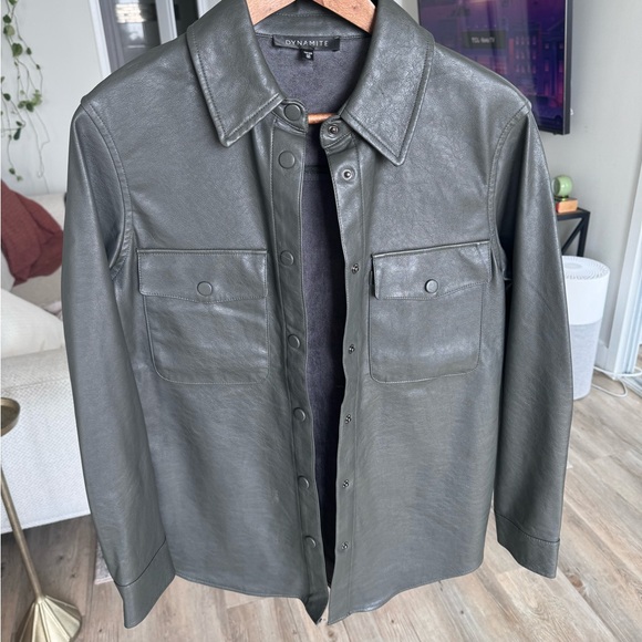 Green Faux Leather Shirt Jacket with velvet interior. Size XS. Dynamite. - Picture 3 of 6